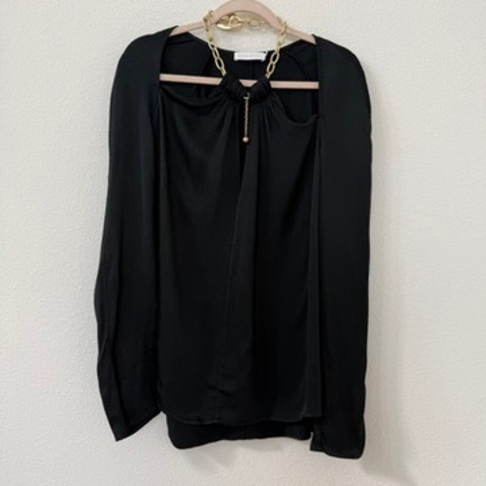JONATHAN SIMKHAI Gold Chain Neck Black Long Sleeve Blouse Size L Luxury Glam
